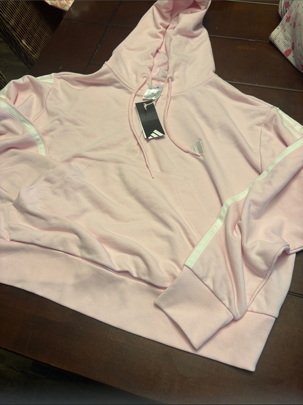 adidas Women’s Light Pink Hoodie with White Sleeve Tape